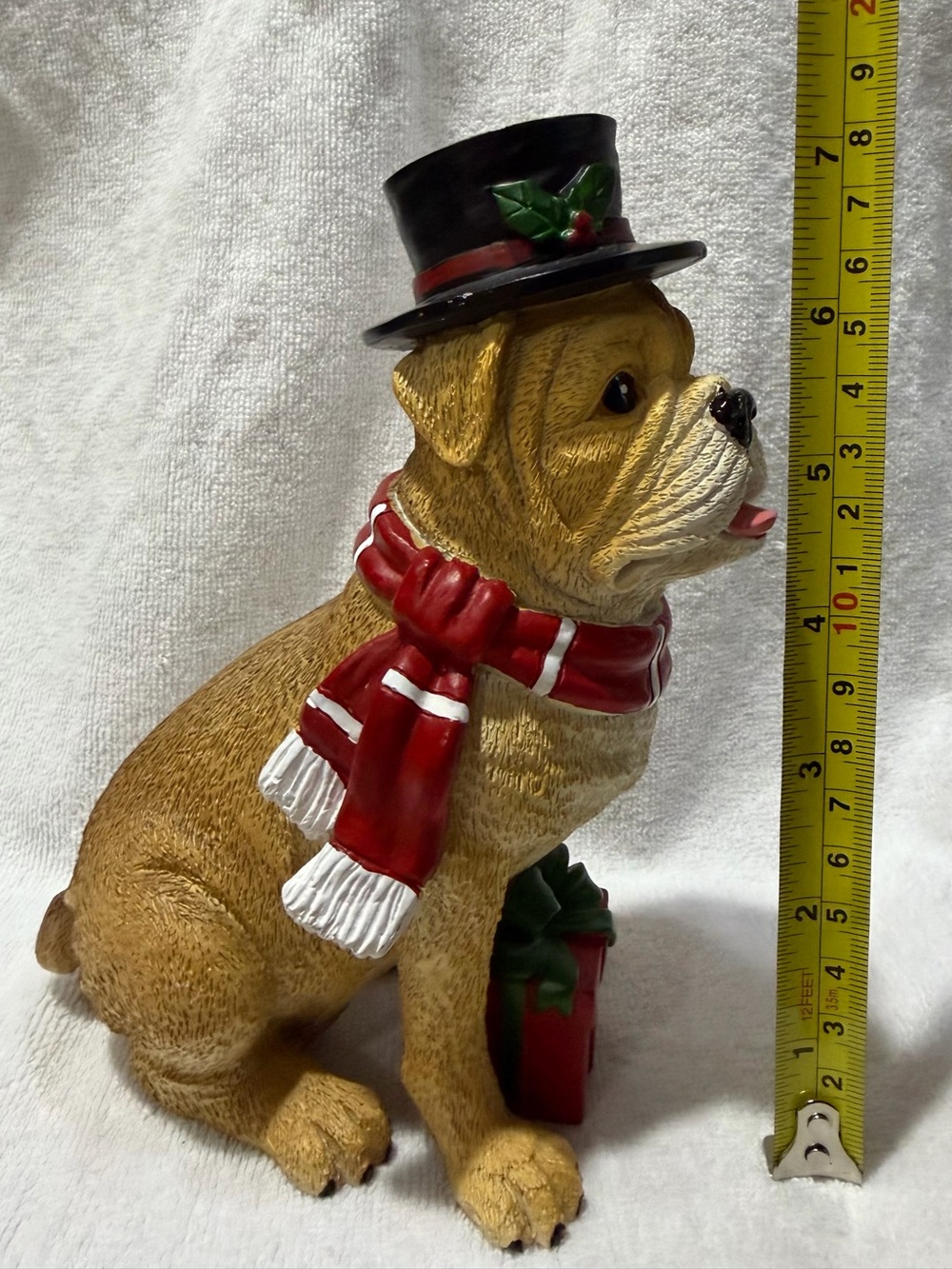 Bulldog Christmas Statue Top Hat Red Scarf Holiday Dog Figurine Decor